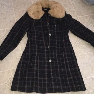 UO DEX  NWOT real fur collar print wool coat